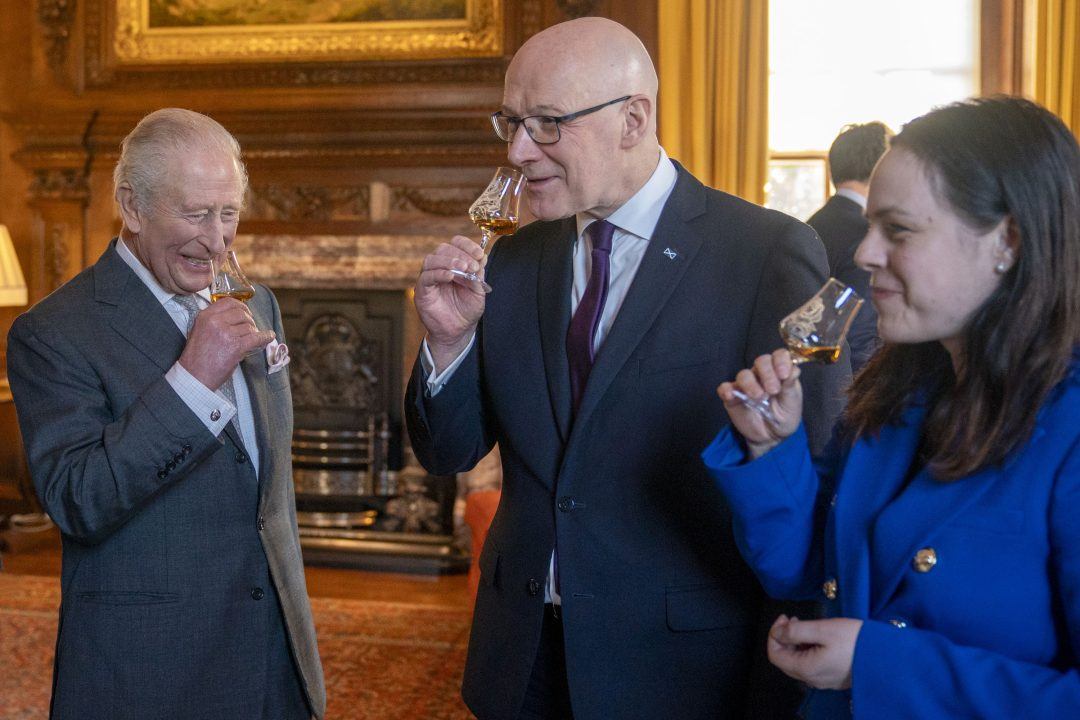 King Charles shares dram with First Minister John Swinney at Palace of Holyroodhouse