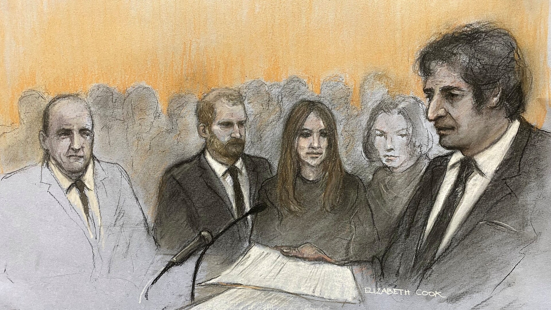 Court artist sketch of, from left, Sir Simon Hughes, the Duke of Sussex, Elizabeth Hurley, her son Damian Hurley, and barrister David Sherborne at the Royal Courts Of Justice on Monday.