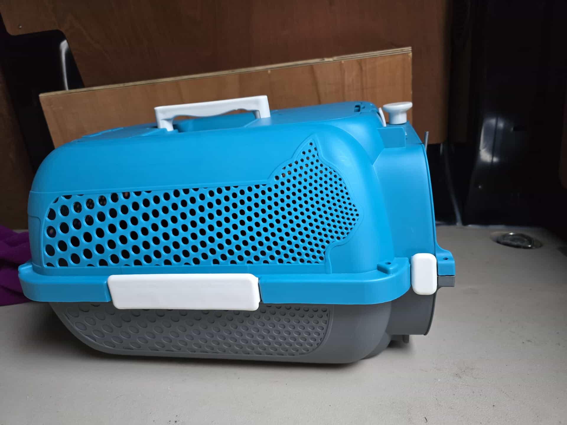 The carrier the kitten was discovered in