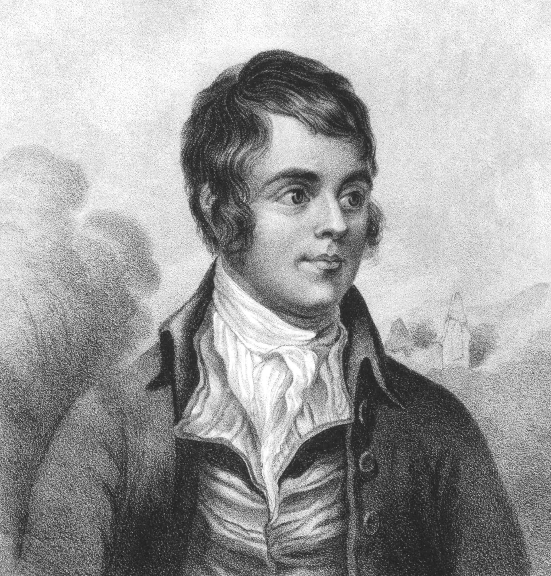 Robert Burns (1759-1796) on engraving from the 1800s. Scottish poet and lyricist. The national poet of Scotland. Engraved by W.Clerk and published by F.Glover Water Lane, Fleet St.