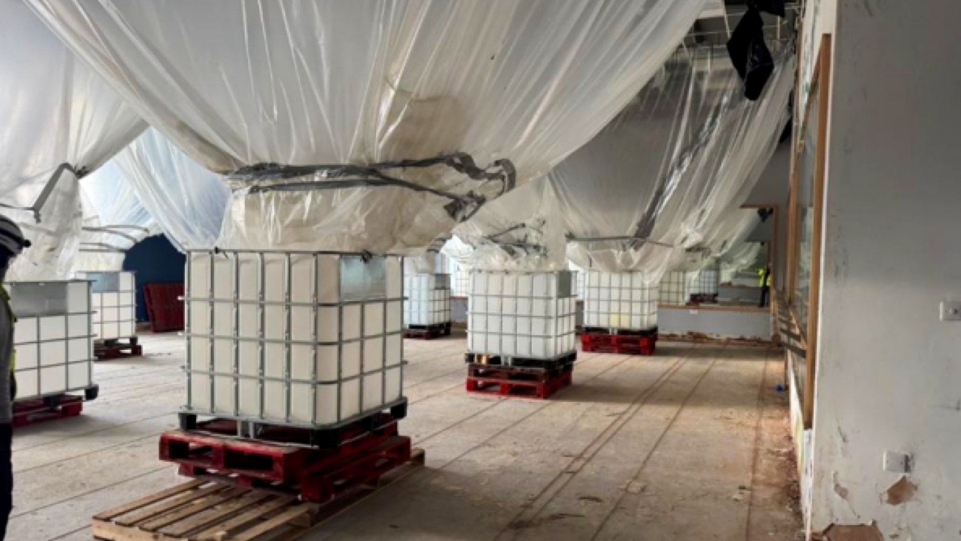 59 catcher tanks have been used to drain away water coming through the damaged roof of Helensburgh Leisure Centre.