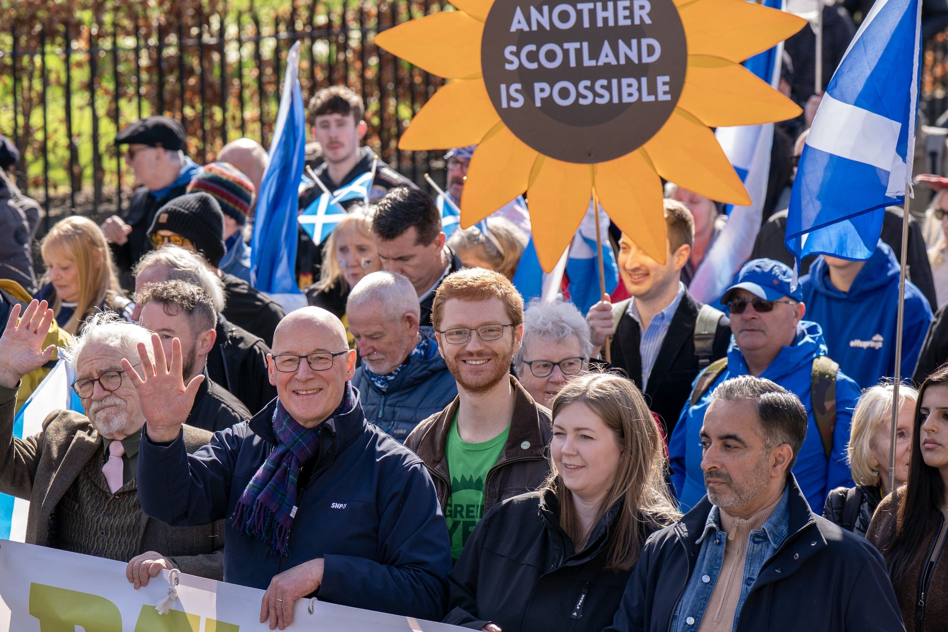 Actor Brian Cox, First Minister John Swinney co-leaders of the Scottish Greens Ross Greer and Gillian Mackay at a rally for independence organised by Believe in Scotland