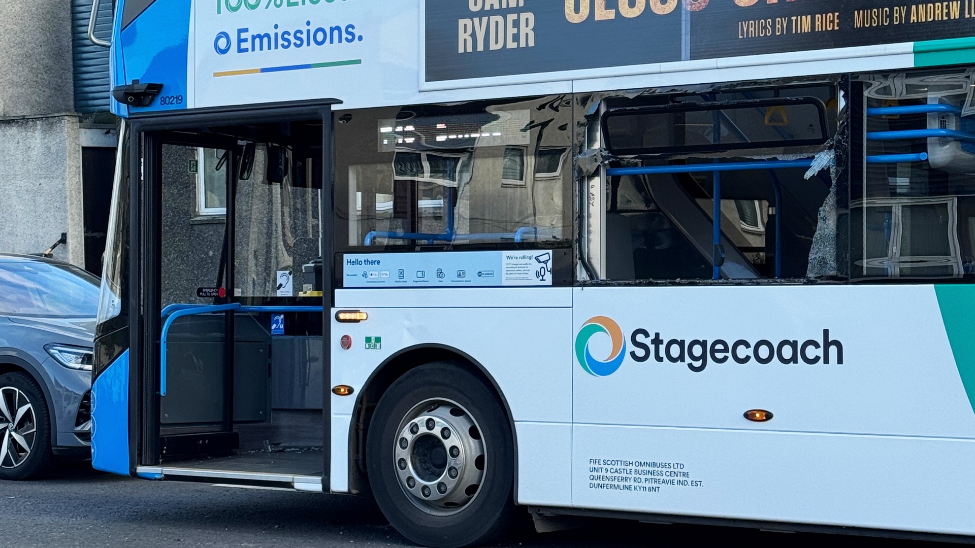 Images from Dundee bus crash show a smashed window.