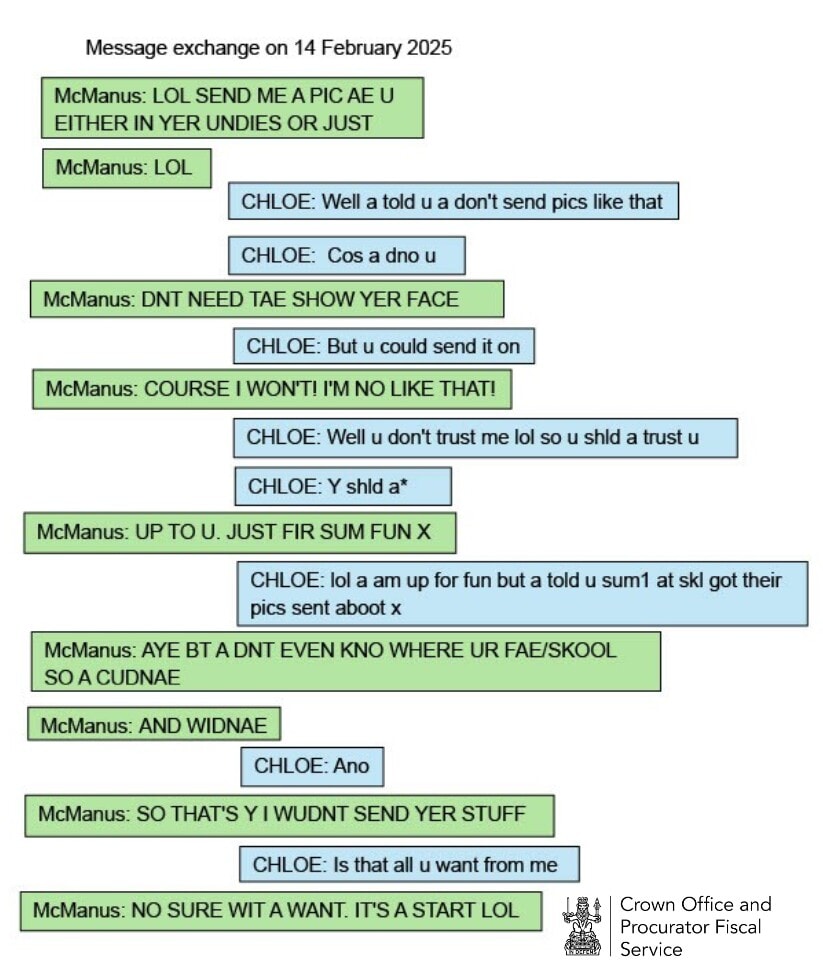 Kik messages between Adam McManus and the decoy on February 14, 2025