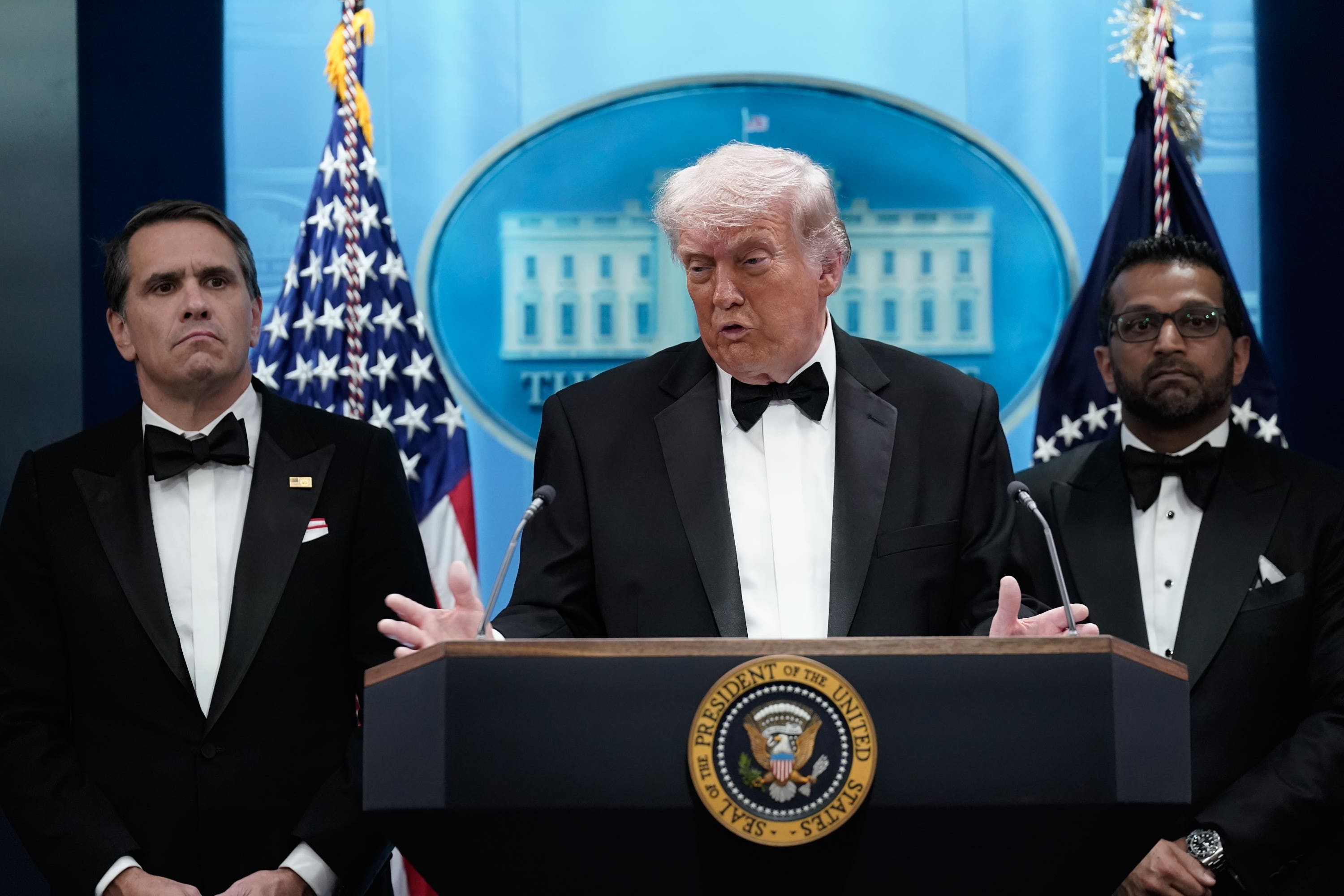 US President Donald Trump appeared at the White House two hours after the incident, still in his tuxedo