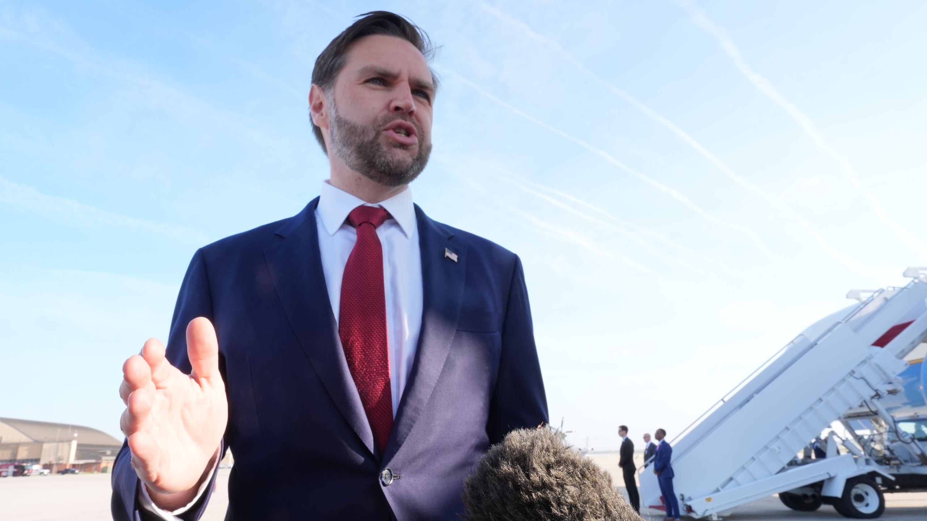 US vice president JD Vance speaks to the press before leaving for Pakistan