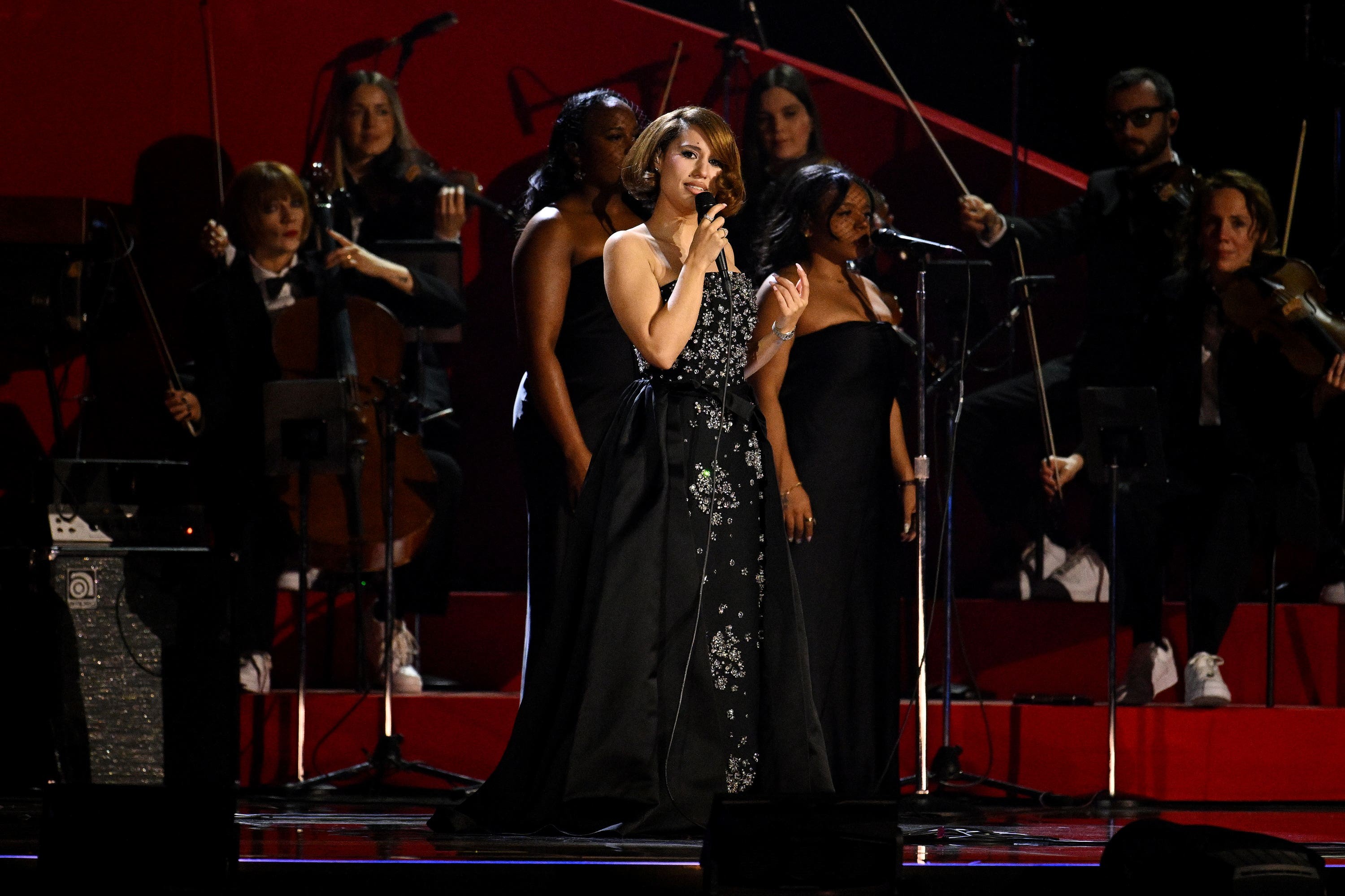 Raye performs during the Brit Awards 2026 at Co-op Live, Manchester