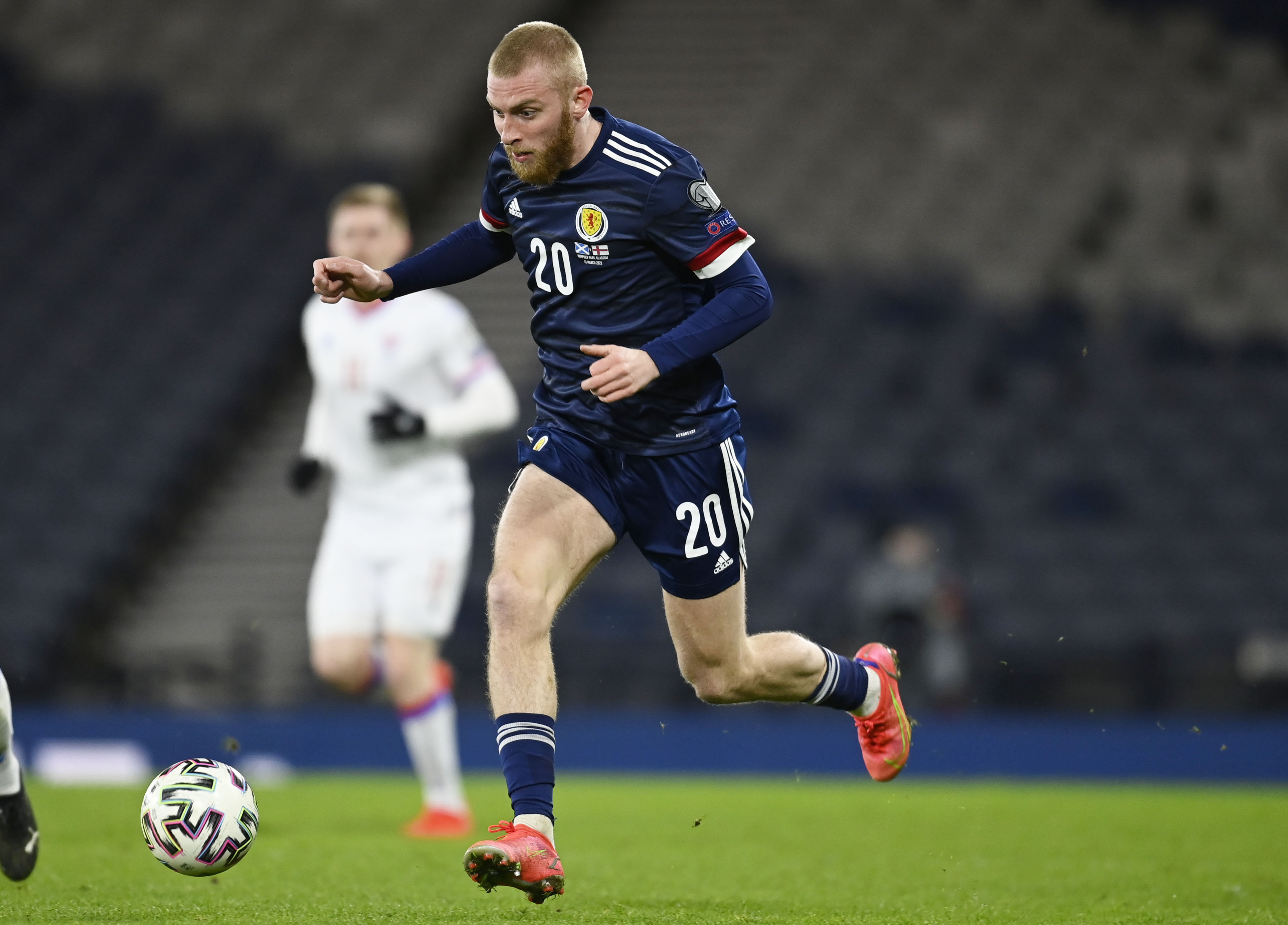 Oliver McBurnie in action during a World Cup qualifier between Scotland and the Faroe Islands
