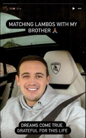 Another had a beaming Stephen sitting in a new car with the comment: "Matching Lambos with my brother. Dreams come true. Grateful for this life".
