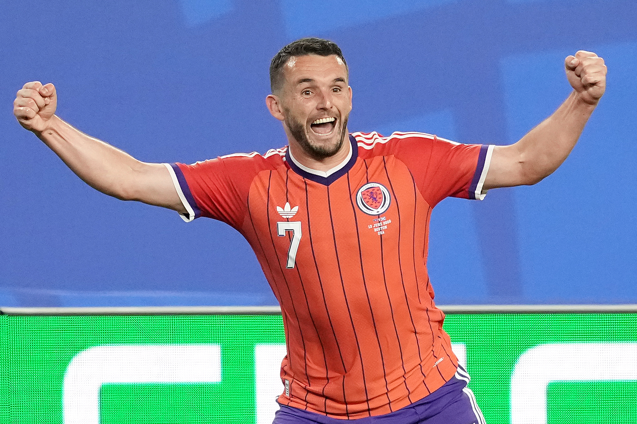 Scotland's John McGinn celebrates scoring their side's first goal of the game during the FIFA World Cup Group C match at Boston Stadium, Foxborough. Picture date: Saturday June 13, 2026.