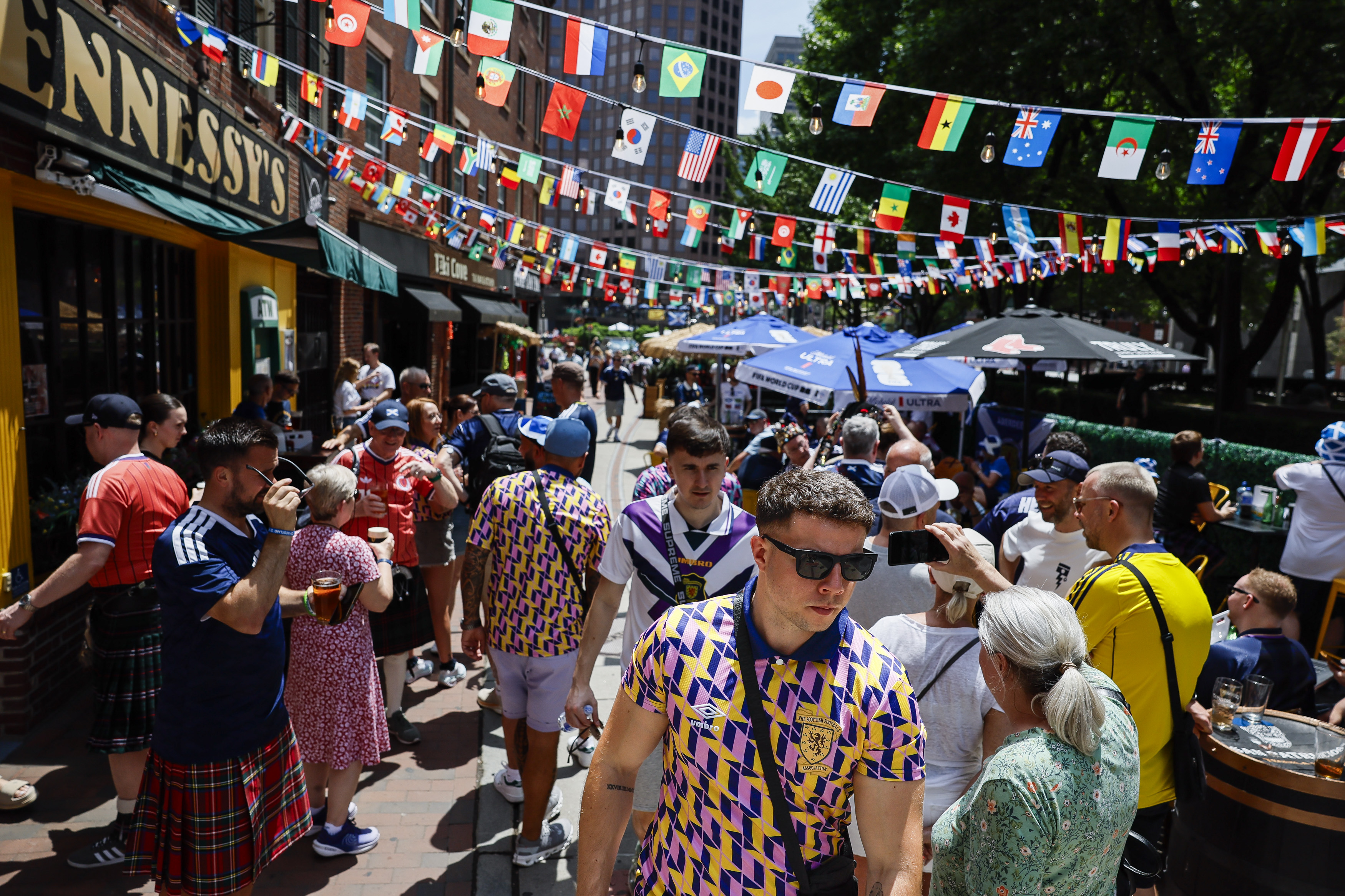 Boston, MA - June 11: Scottish soccer supporters gather outside Hennessy's Bar ahead of the 2026 FIFA World Cup on June 11, 2026. (Photo by Erin Clark/The Boston Globe via Getty Images)