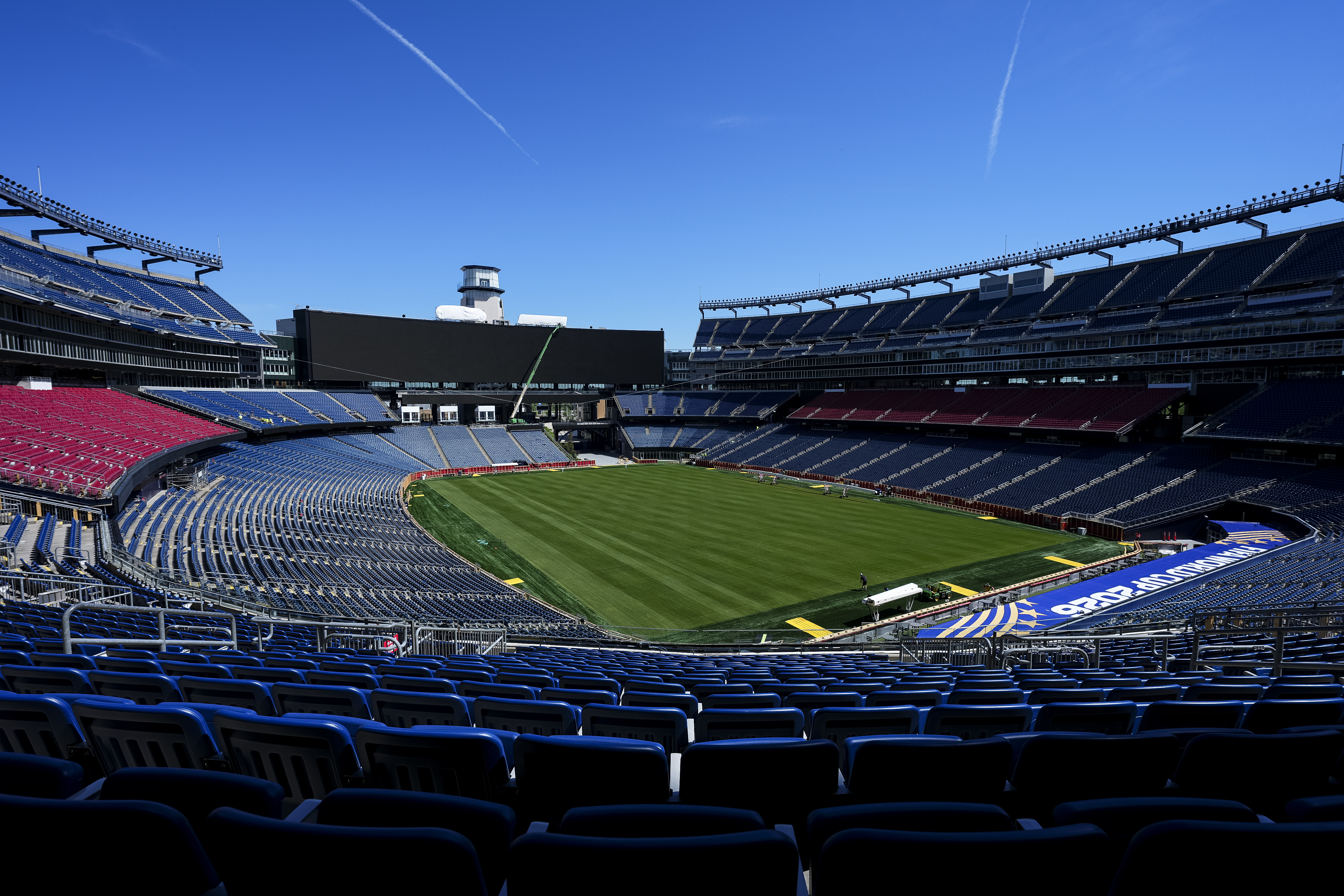 BOSTON, MASSACHUSETTS - MAY 26: A general view of the field preparations inside Gillette Stadium ahead of the FIFA World Cup 2026 at Boston Stadium on May 26, 2026 in Boston, Massachusetts. (Photo by Michael Owens/Getty Images)