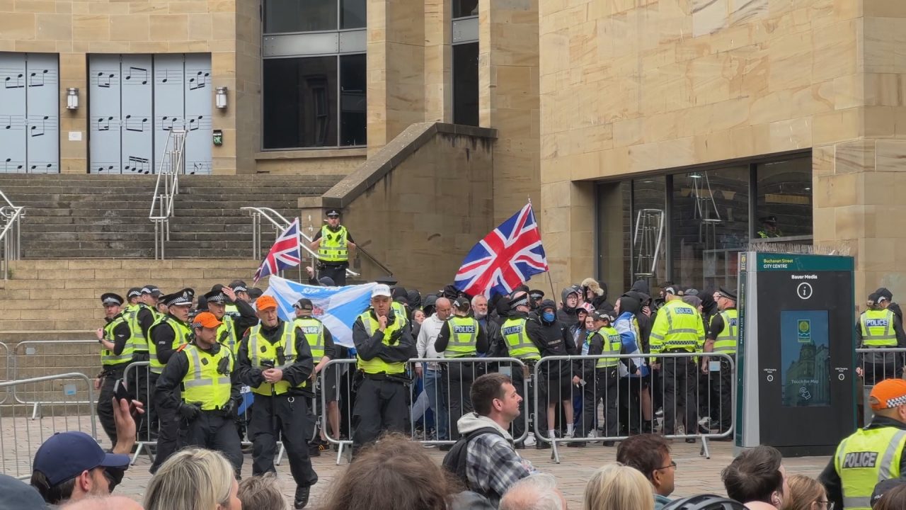 Officer hit with egg and ‘number of hate crimes’ to be investigated after Glasgow protests
