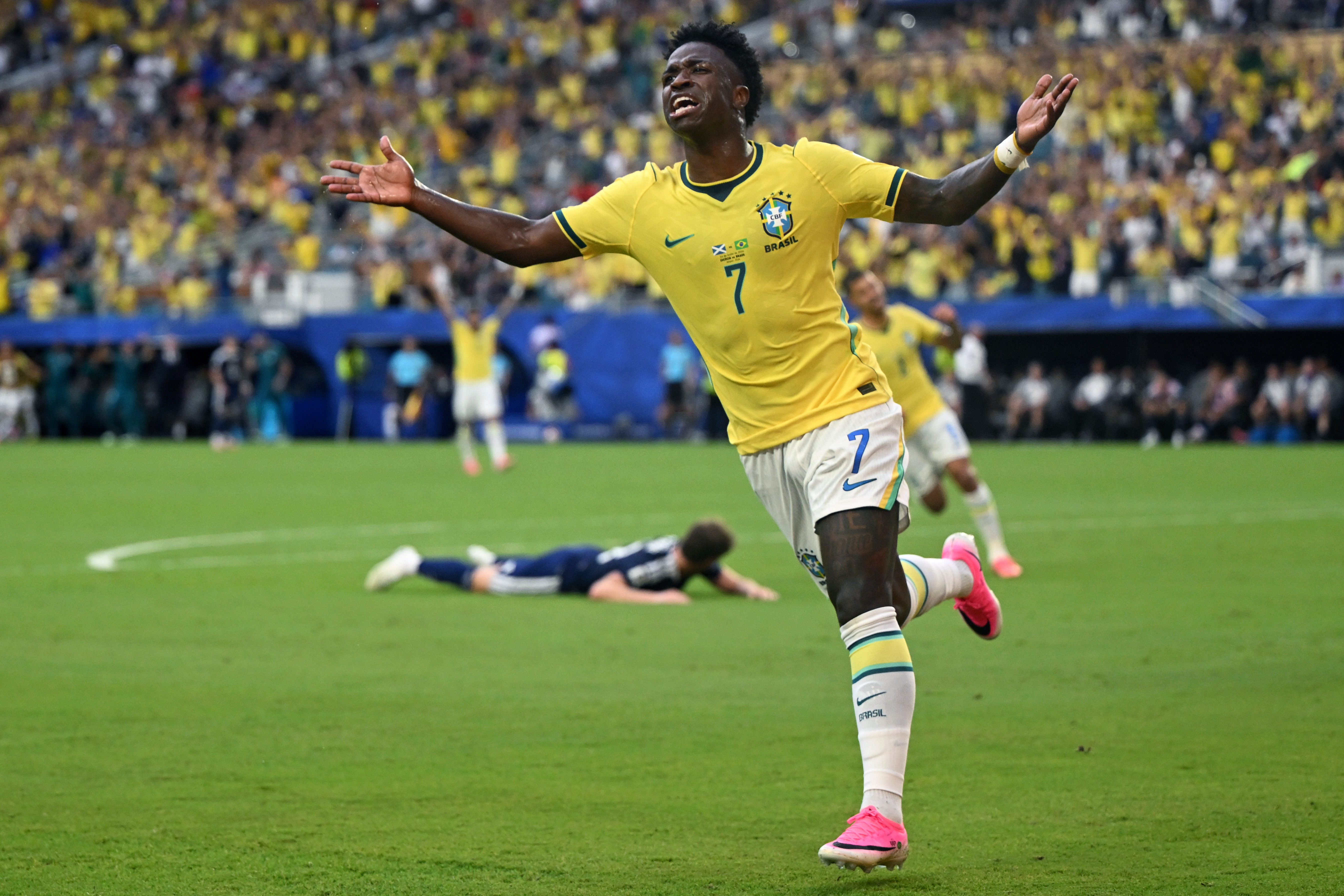 Vinicius Junior of Brazil celebrates his goal annulled by VAR decision.