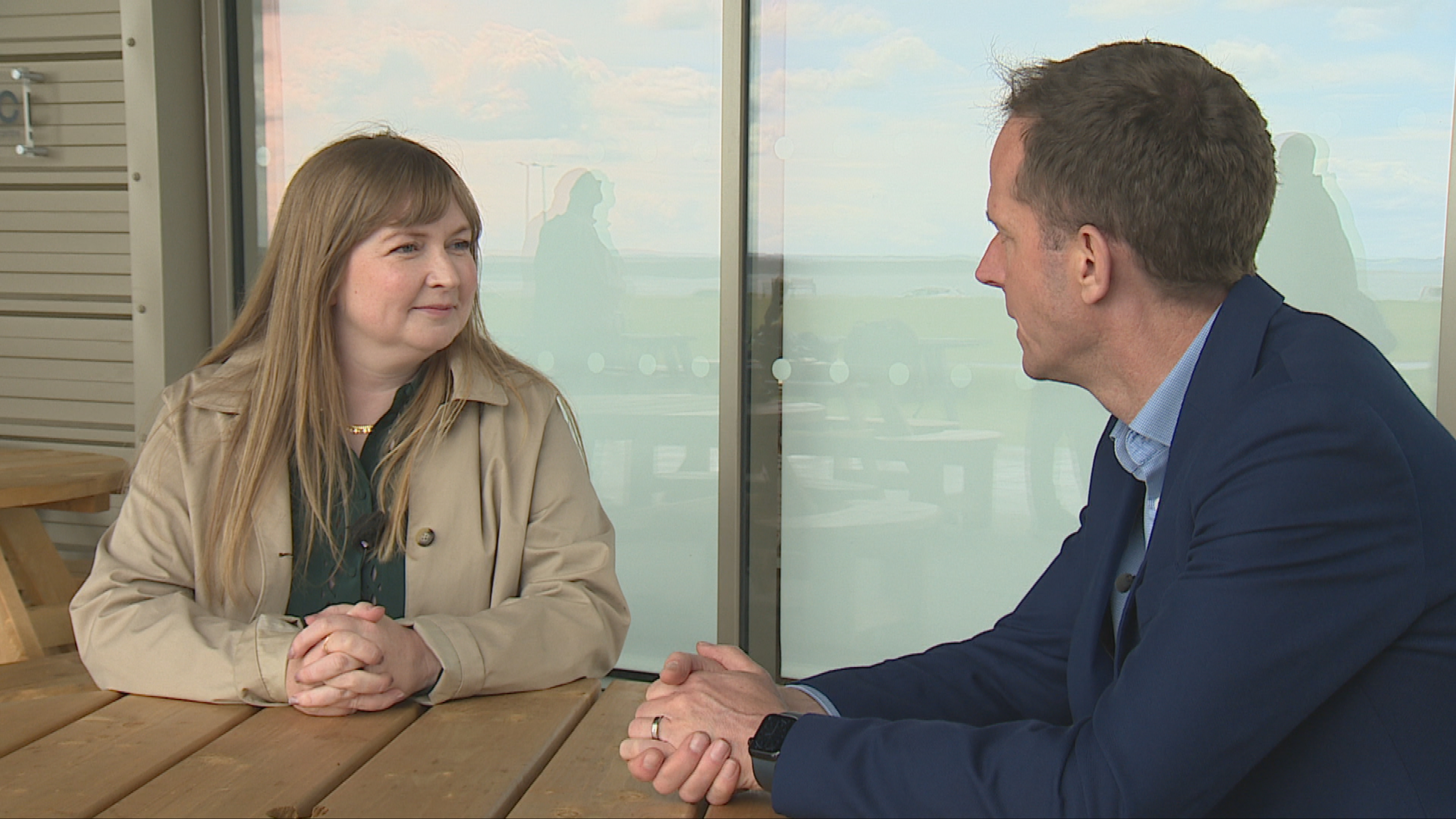 Labour candidate Heather Doran with STV News reporter Ewan Petrie