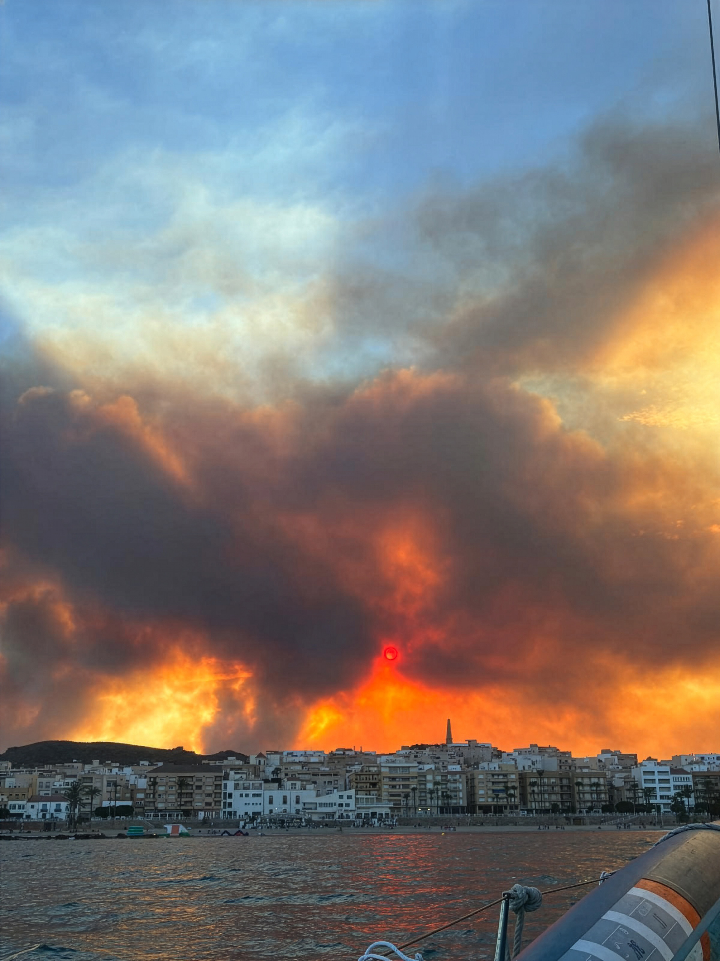 The fire in Los Gallardos as seen from the Port of Garrucha, on 10 July, 2026 in Garrucha, Almeria, Andalusia, Spain.
