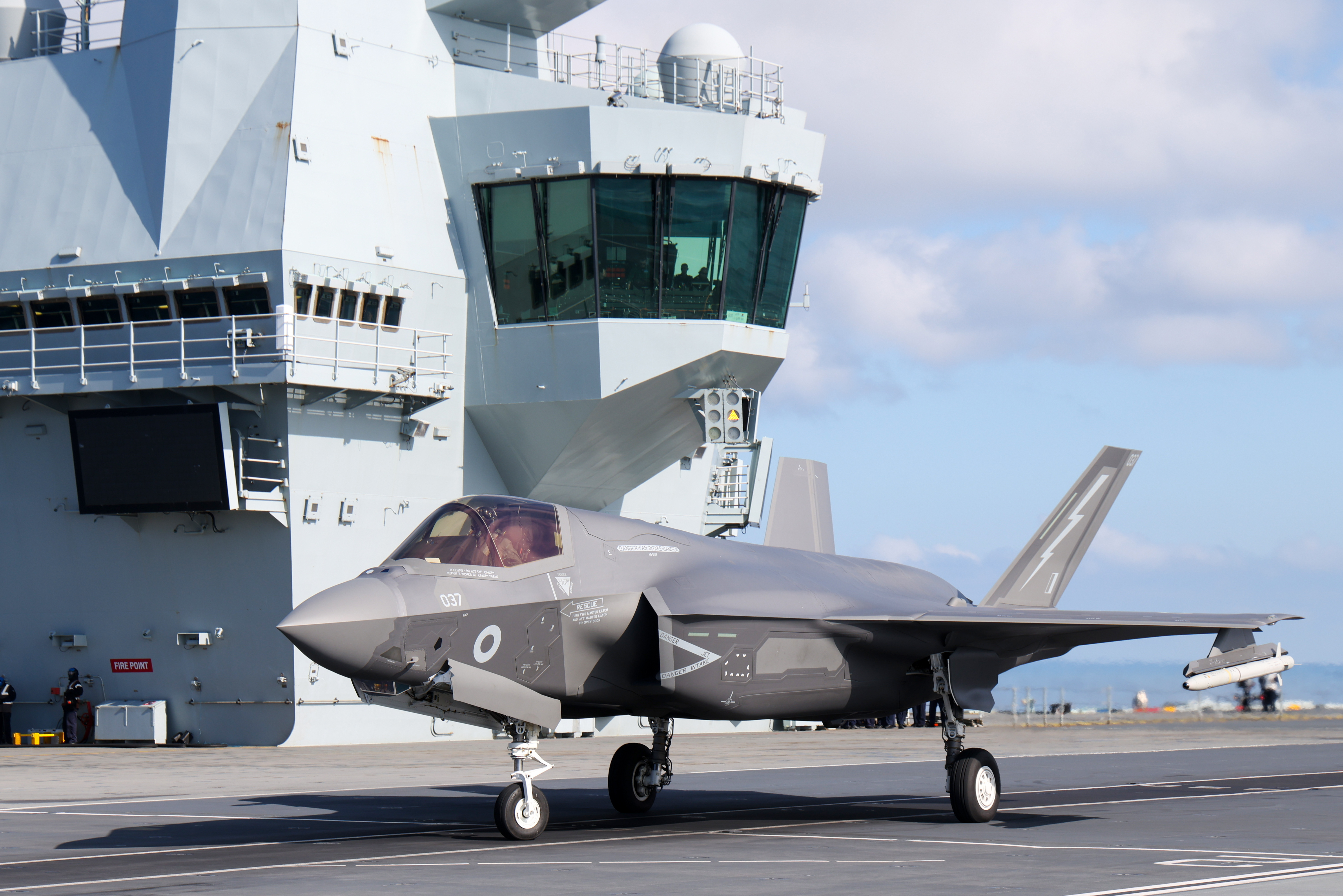 A F-35B fighter prepares to take off from from HMS Prince of Wales to intercept a Russian Tupolev Tu-142 maritime reconnaissance and anti-submarine warfare (ASW) aircraft, NATO name 'Bear'