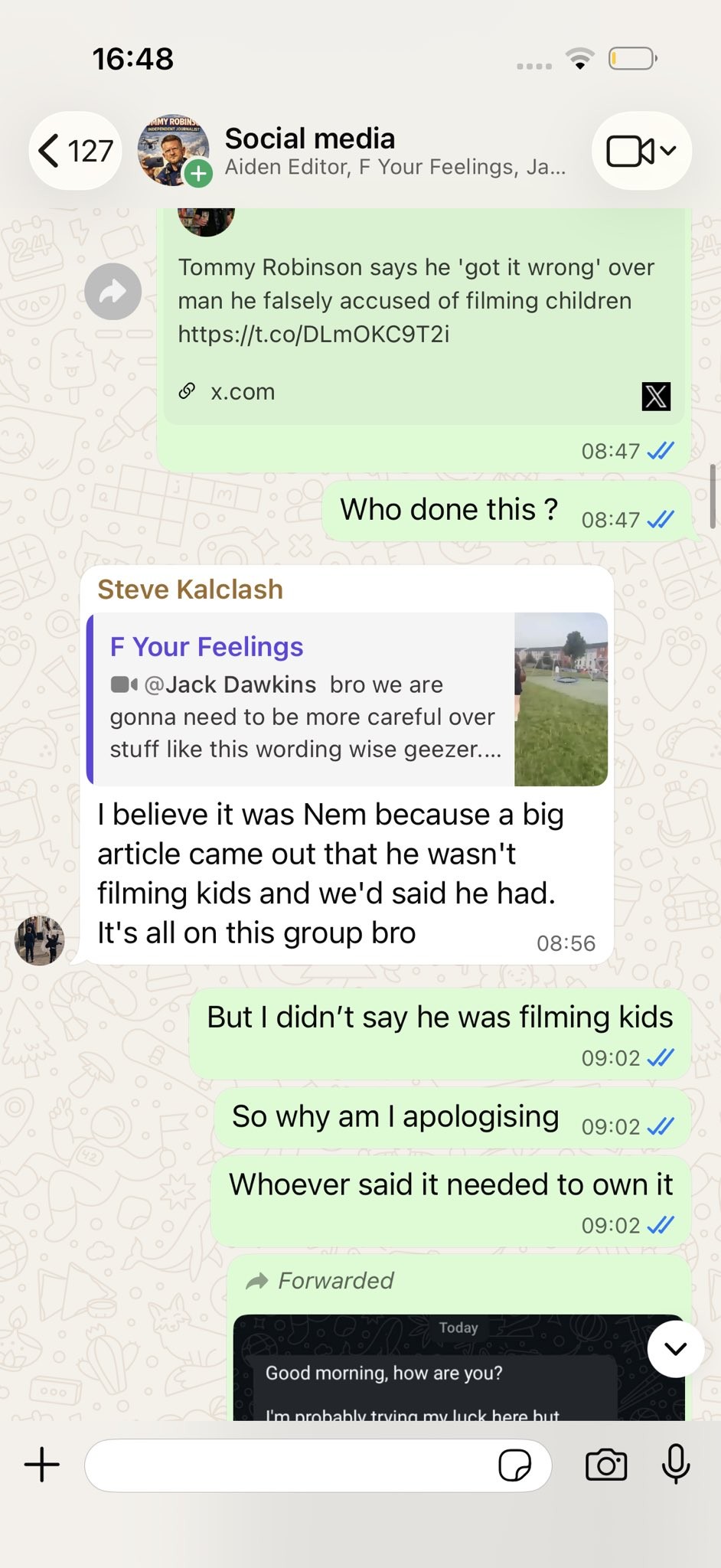 WhatsApp chat after the false allegations were made