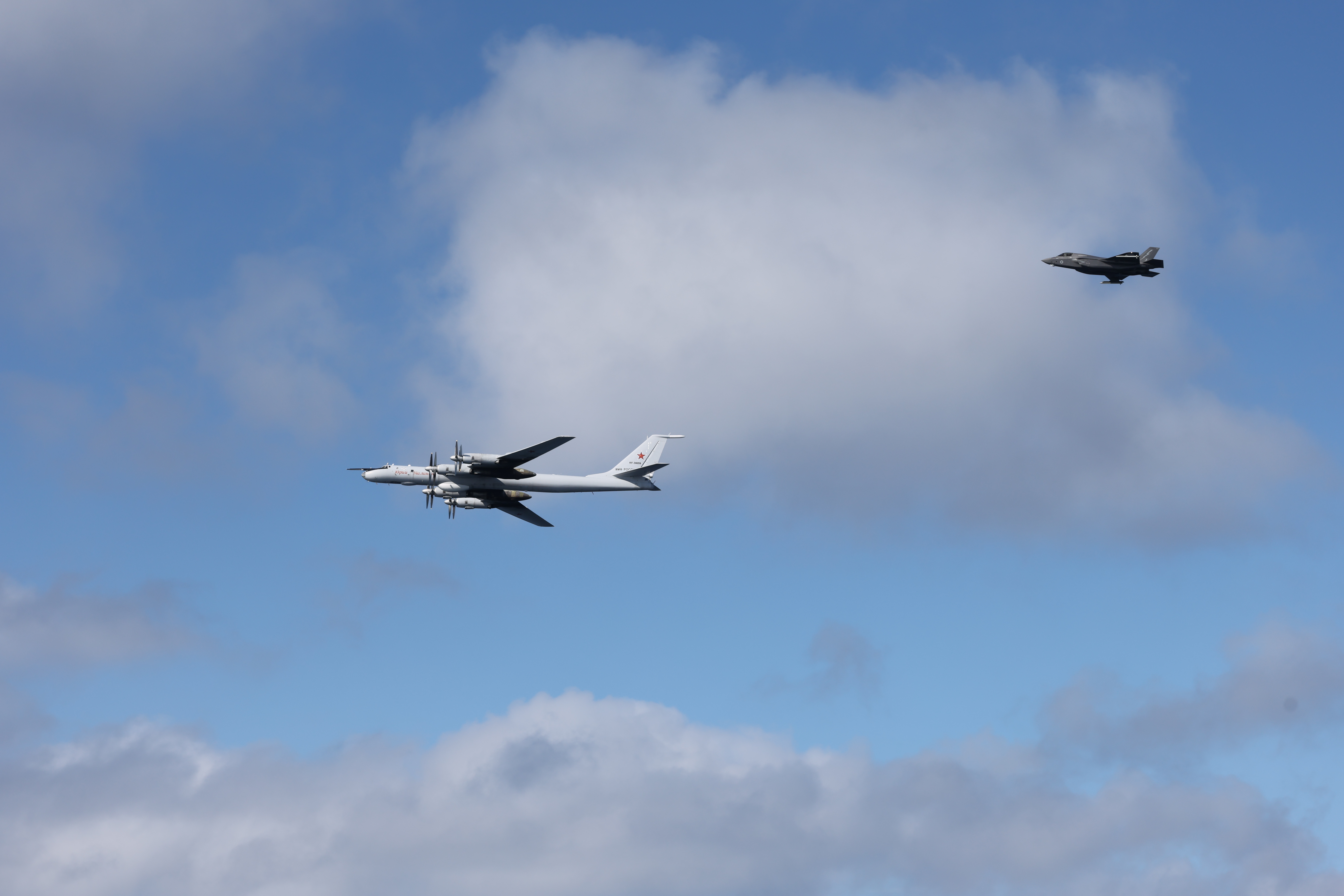 A F-35B fighter launched from HMS Prince of Wales intercept a Russian Tupolev Tu-142 maritime reconnaissance and anti-submarine warfare (ASW) aircraft, NATO name 'Bear'