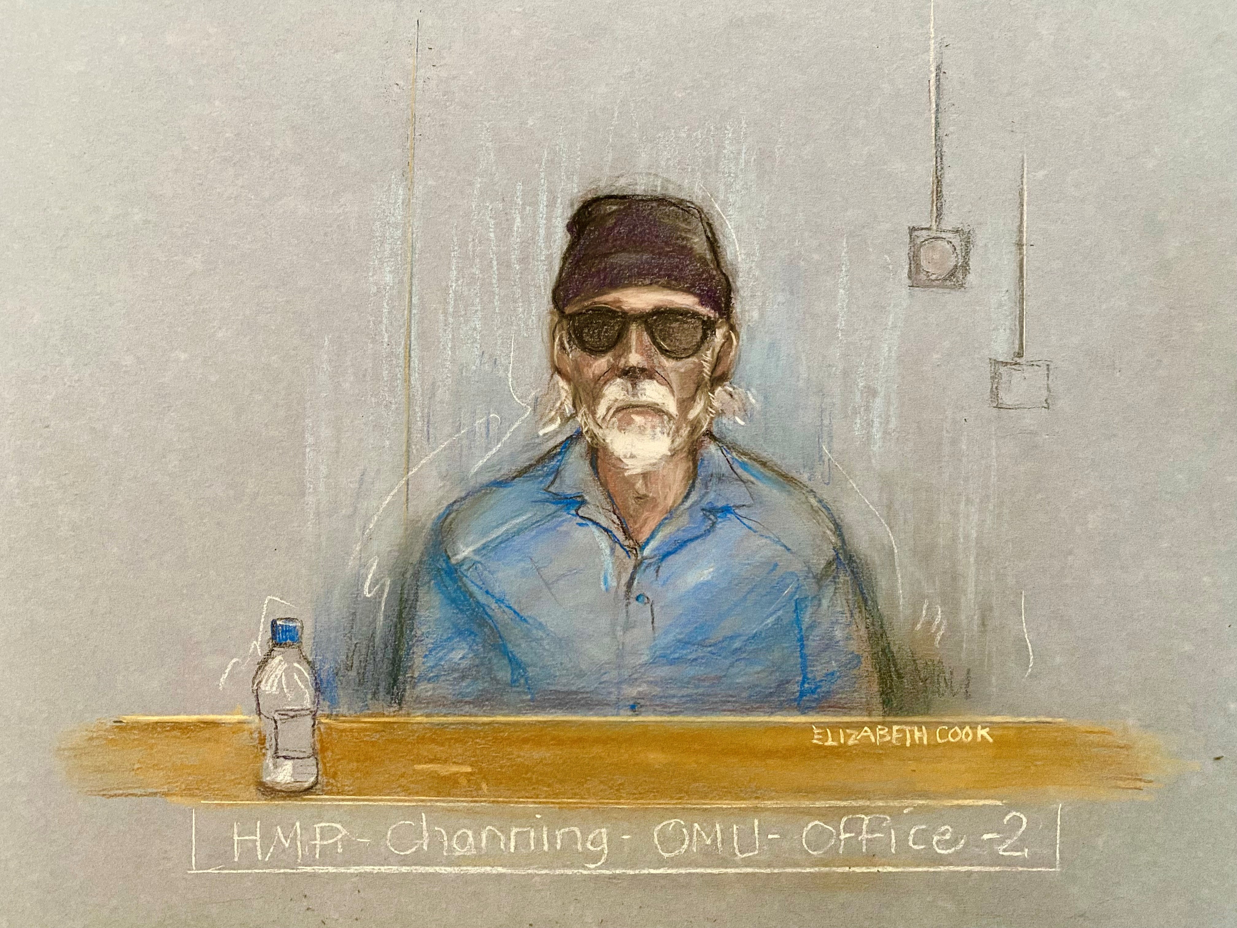 A court artist sketch of Gary Glitter appearing via videolink at Westminster Magistrates’ Court